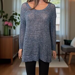 Lucky Brand Blue Marled Knit Open-Stitch Sweater Pullover Tunic Size M